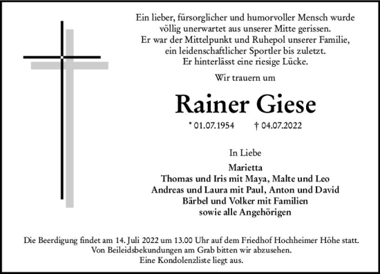 Traueranzeige von Rainer Giese von vrm-trauer Wormser Zeitung