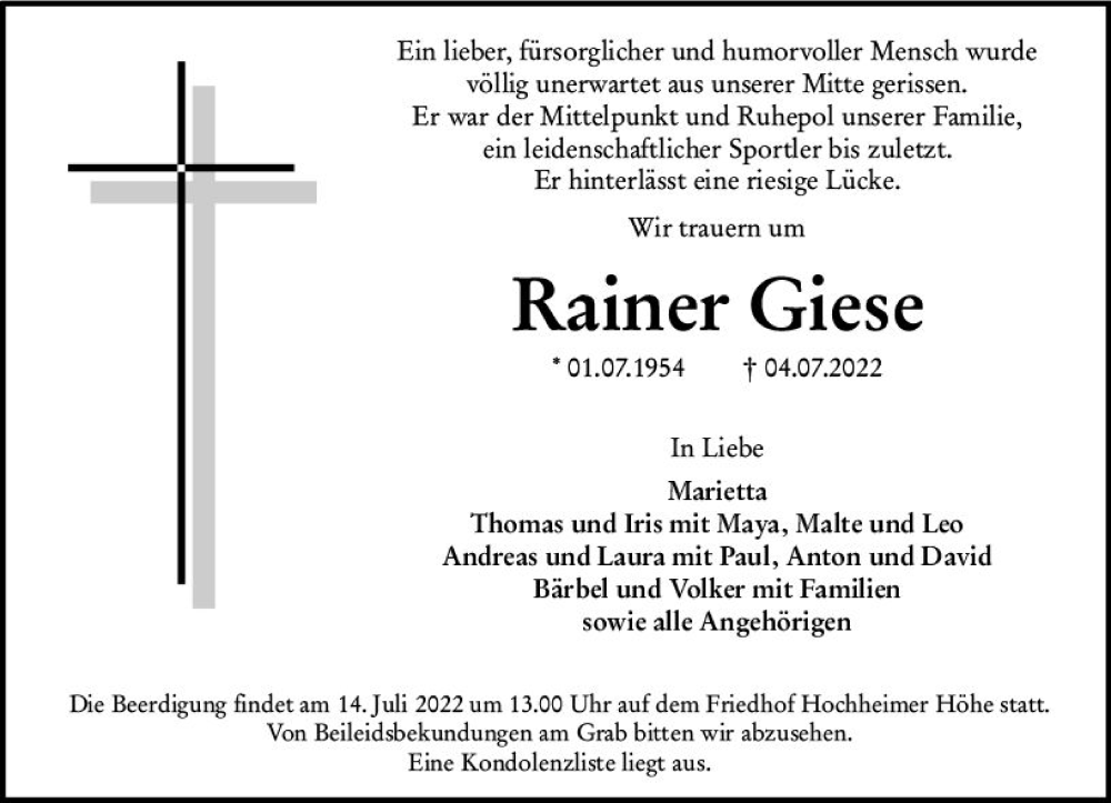  Traueranzeige für Rainer Giese vom 09.07.2022 aus vrm-trauer Wormser Zeitung