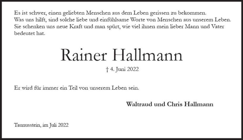  Traueranzeige für Rainer Hallmann vom 16.07.2022 aus vrm-trauer Wiesbadener Kurier