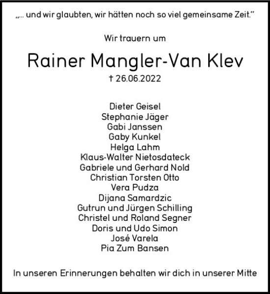 Traueranzeige von Rainer Mangler-van Klev von vrm-trauer Rüsselsheimer Echo / MainSpitze