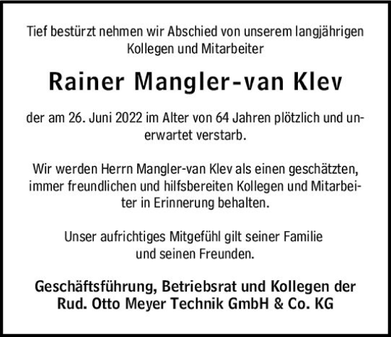 Traueranzeige von Rainer Mangler-van Klev von vrm-trauer Rüsselsheimer Echo / MainSpitze