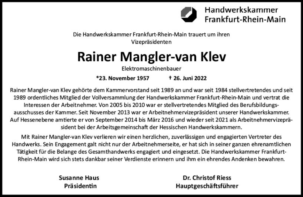  Traueranzeige für Rainer Mangler-van Klev vom 06.07.2022 aus vrm-trauer Rüsselsheimer Echo / MainSpitze