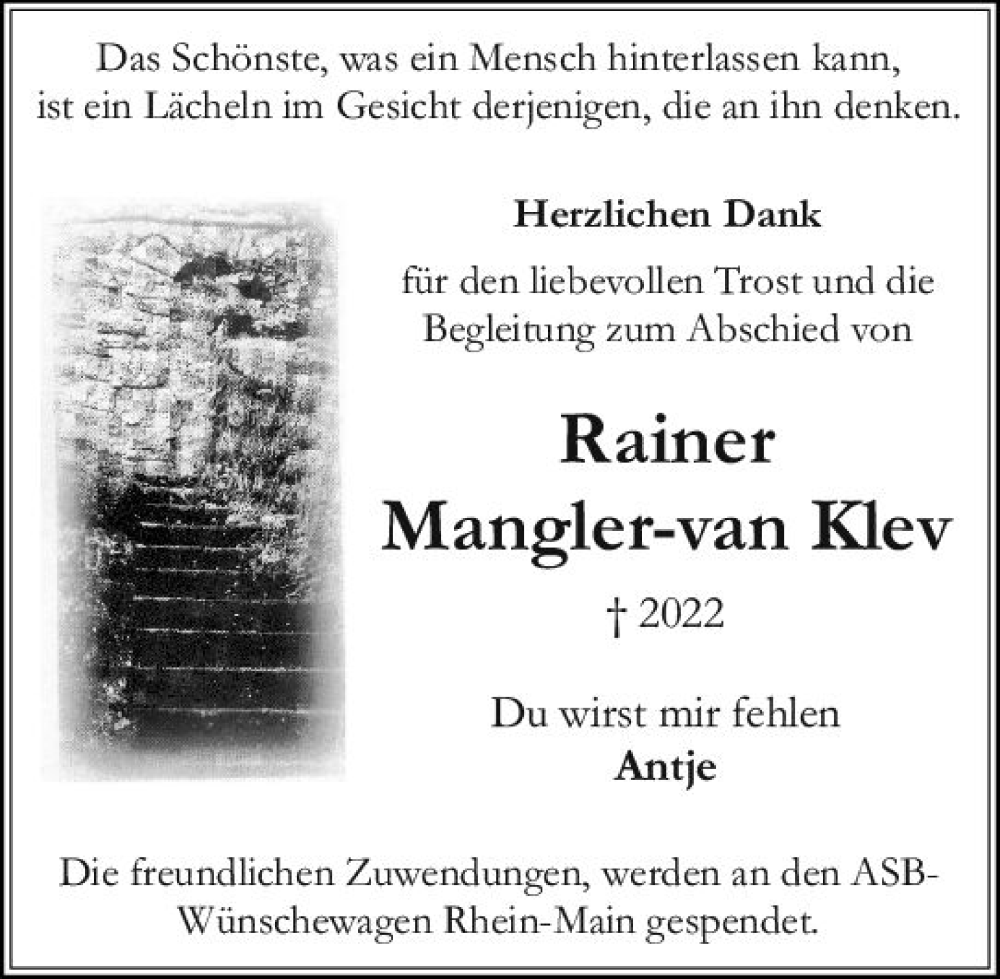 Traueranzeige für Rainer Mangler-van Klev vom 23.07.2022 aus vrm-trauer Rüsselsheimer Echo / MainSpitze