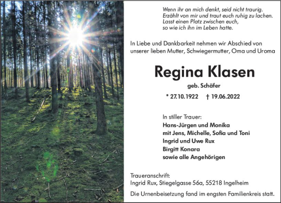 Traueranzeige von Regina Klasen von vrm-trauer Allgemeine  Zeitung Ingelheim-Bingen