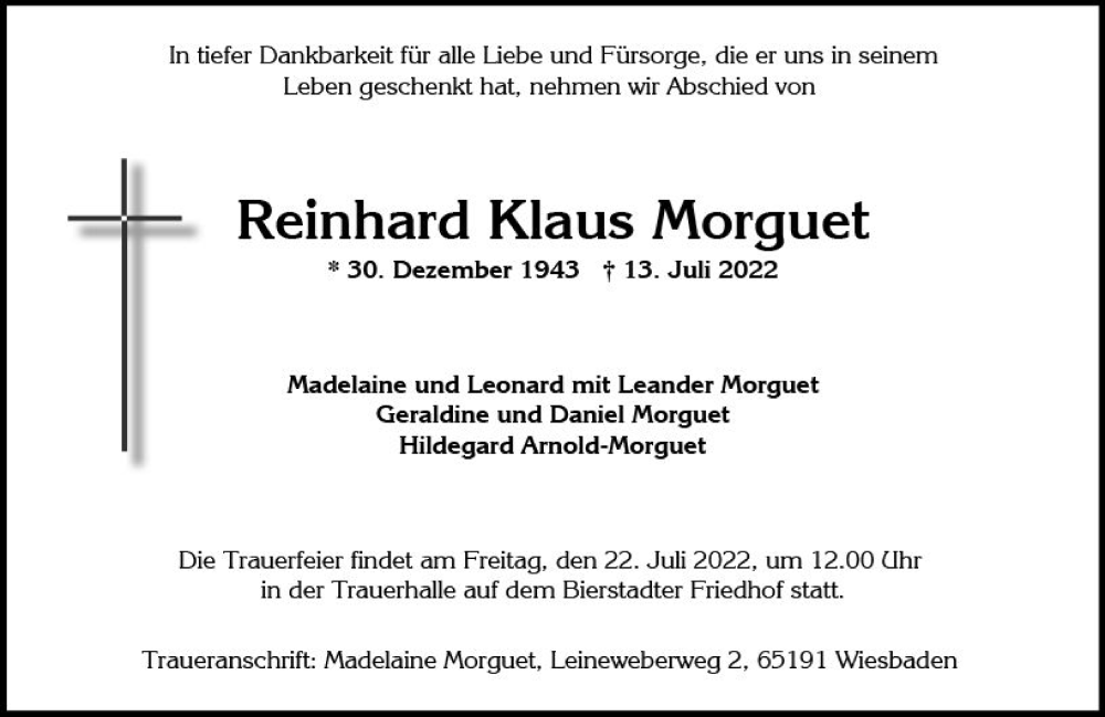 Traueranzeige für Reinhard Klaus Morguet vom 19.07.2022 aus vrm-trauer Wiesbadener Kurier