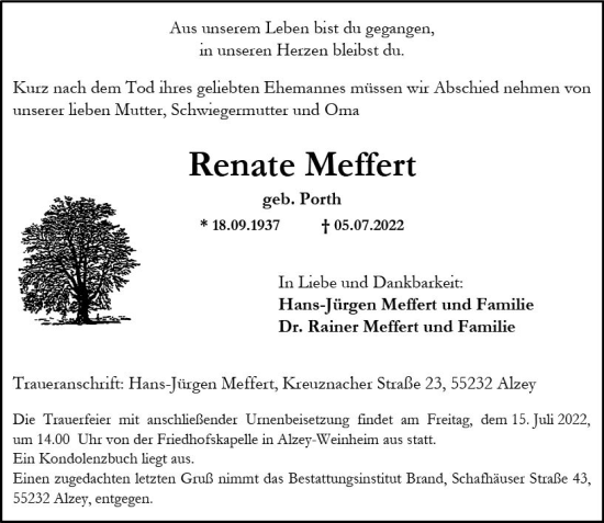 Traueranzeige von Renate Meffert von vrm-trauer Allgemeine Zeitung Alzey