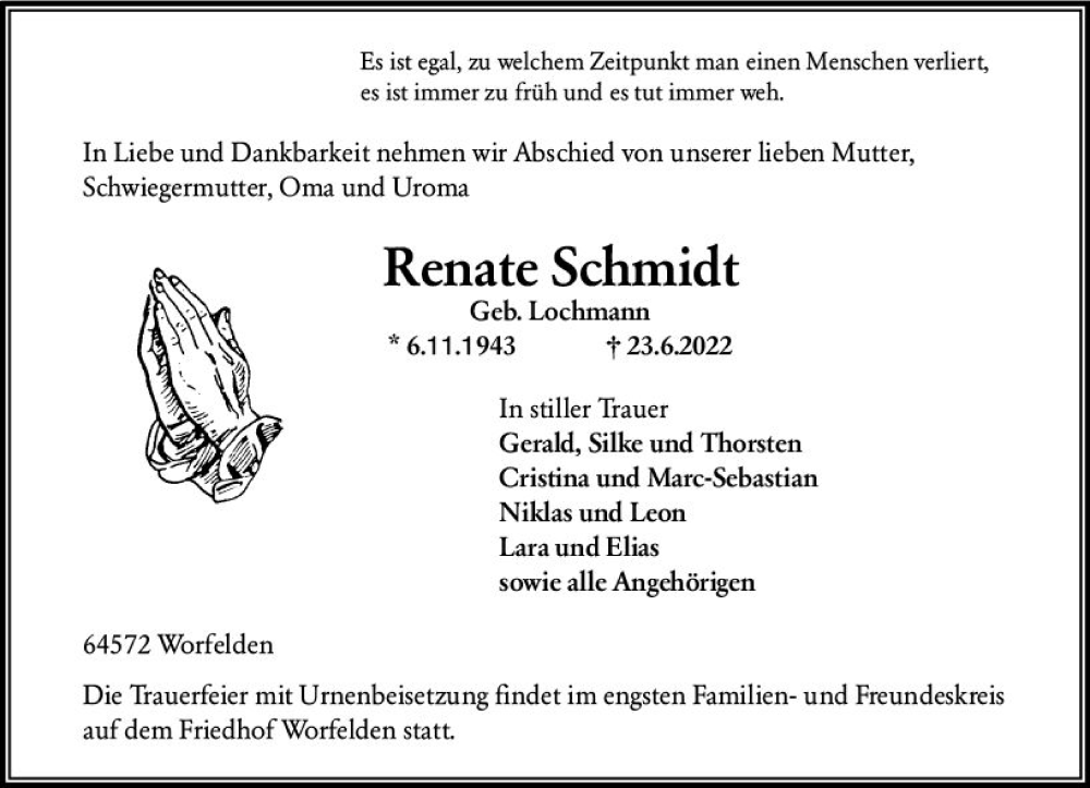  Traueranzeige für Renate Schmidt vom 02.07.2022 aus vrm-trauer Groß-Gerauer Echo