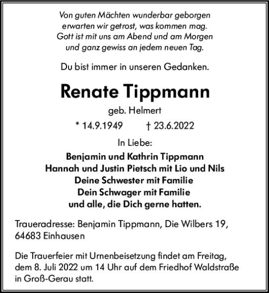 Traueranzeige von Renate Tippmann von vrm-trauer Groß-Gerauer Echo