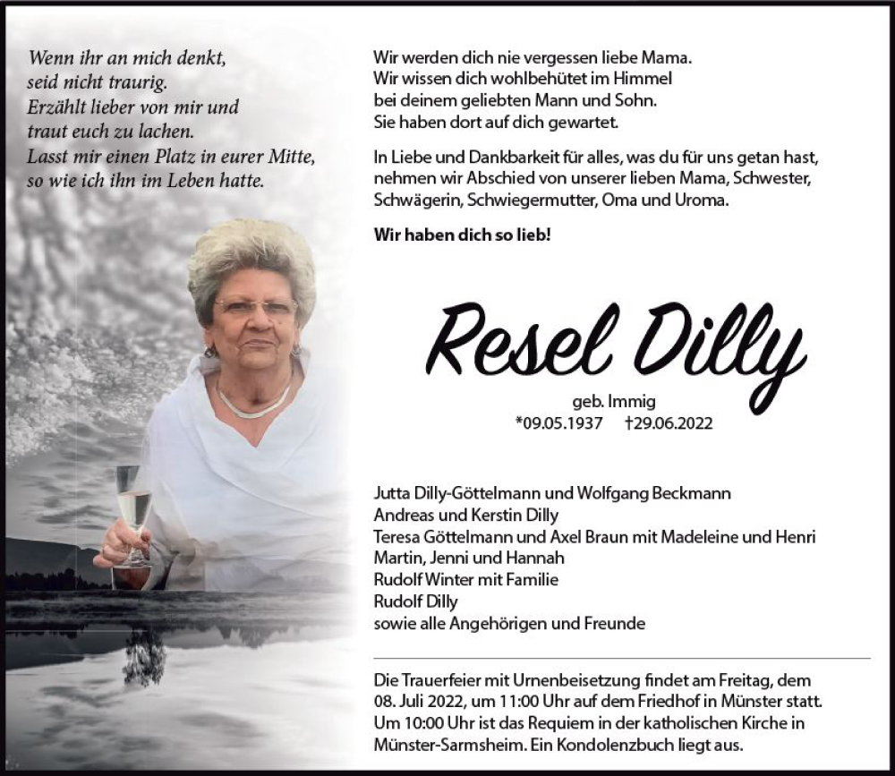  Traueranzeige für Resel Dilly vom 02.07.2022 aus vrm-trauer Allgemeine  Zeitung Ingelheim-Bingen