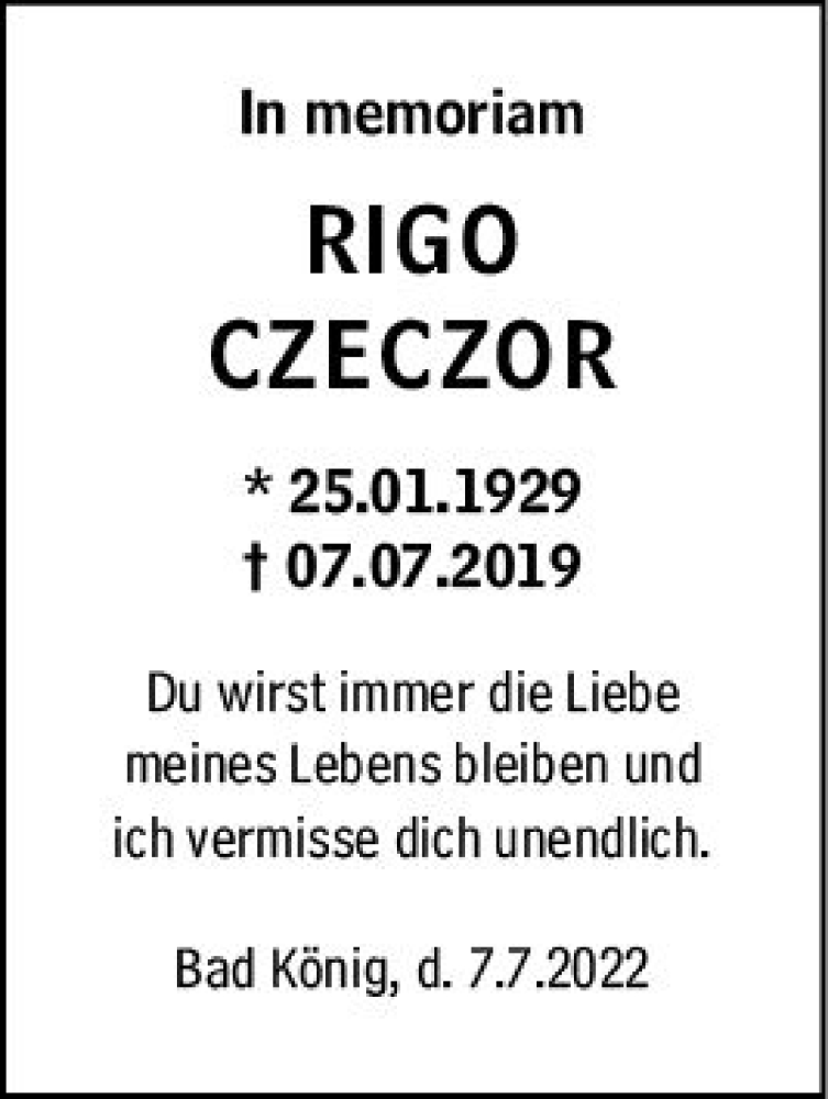  Traueranzeige für Rigo Czeczor vom 07.07.2022 aus vrm-trauer Odenwälder Echo