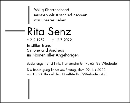 Traueranzeige von Rita Senz von vrm-trauer Wiesbadener Kurier