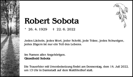 Traueranzeige von Robert Sobota von vrm-trauer Darmstädter Echo