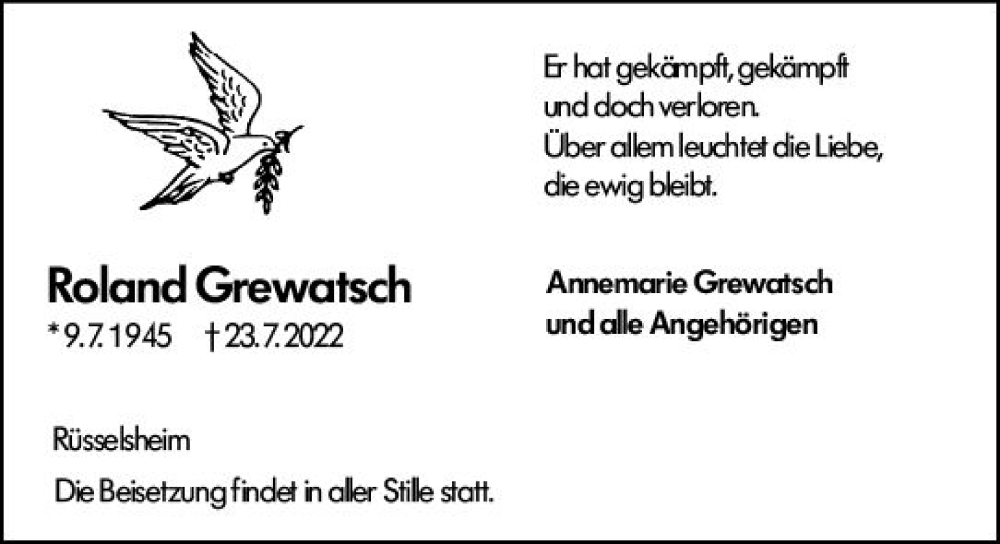  Traueranzeige für Roland Grewatsch vom 30.07.2022 aus vrm-trauer Rüsselsheimer Echo / MainSpitze