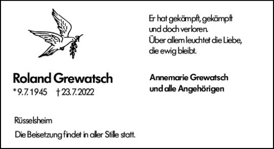 Traueranzeige von Roland Grewatsch von vrm-trauer Rüsselsheimer Echo / MainSpitze