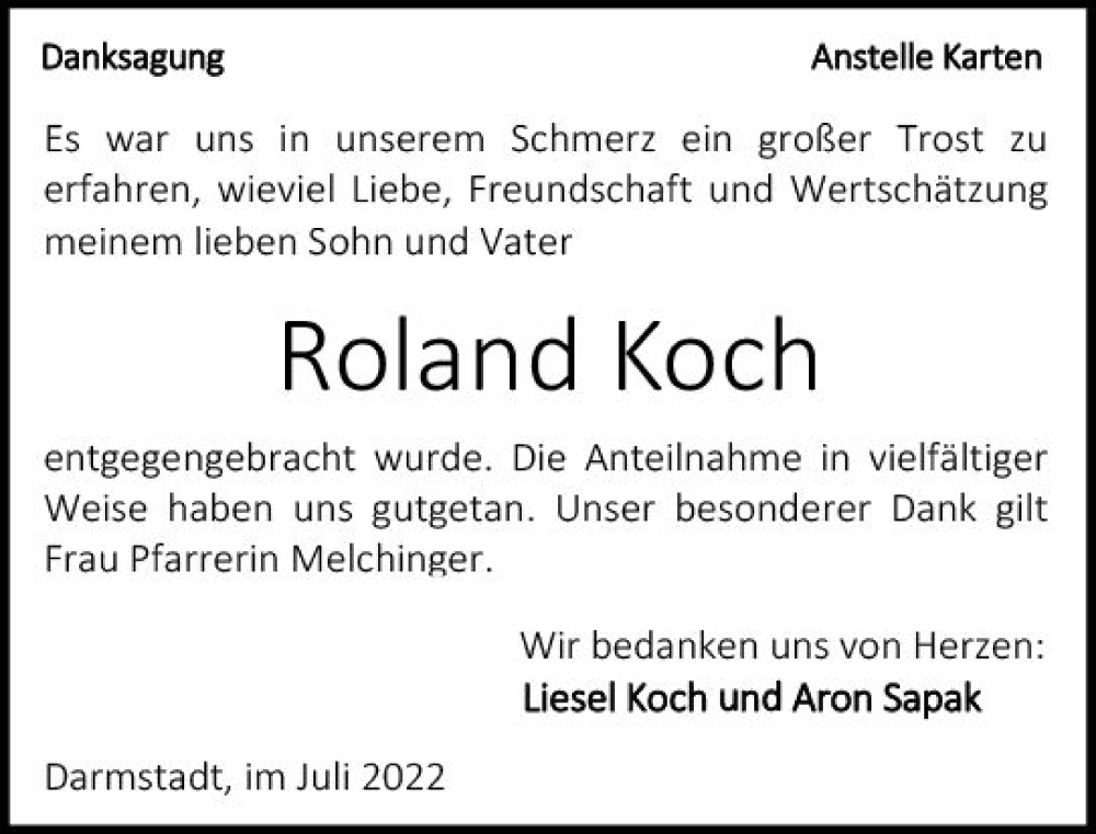  Traueranzeige für Roland Koch vom 16.07.2022 aus vrm-trauer Darmstädter Echo