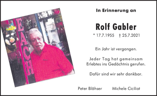 Traueranzeige von Rolf Gabler von vrm-trauer Wiesbadener Kurier