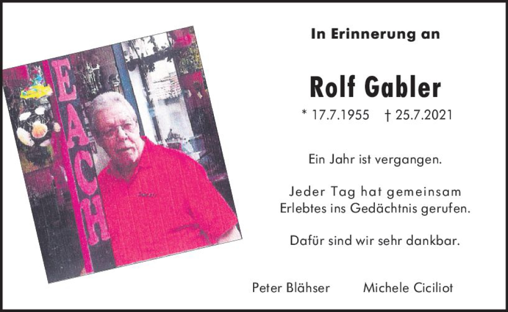  Traueranzeige für Rolf Gabler vom 23.07.2022 aus vrm-trauer Wiesbadener Kurier