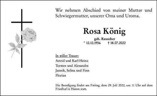 Traueranzeige von Rosa König von vrm-trauer Wormser Zeitung