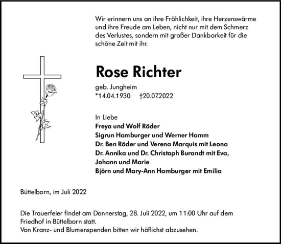 Traueranzeige von Rose Richter von vrm-trauer Groß-Gerauer Echo
