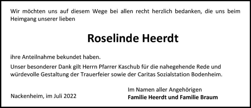 Traueranzeige für Roselinde Heerdt vom 16.07.2022 aus vrm-trauer AZ Mainz
