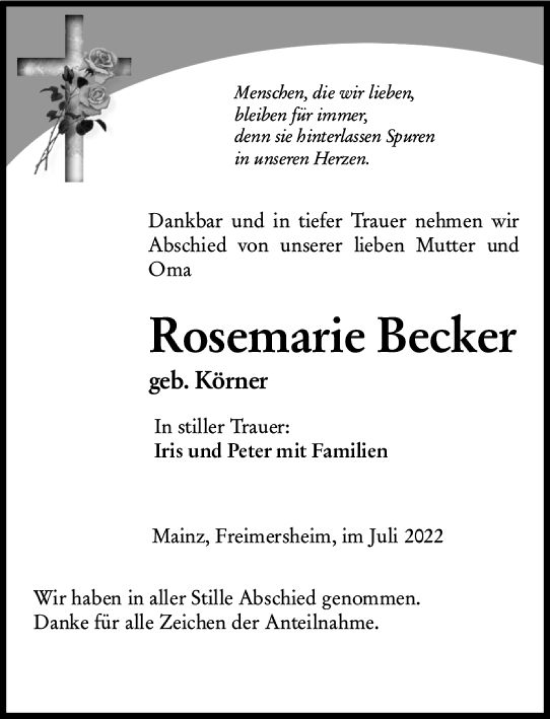 Traueranzeige von Rosemarie Becker von vrm-trauer Allgemeine Zeitung Alzey