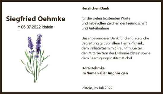 Traueranzeige von Siegfried Oehmke von vrm-trauer Idsteiner Zeitung