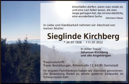 Traueranzeige von Sieglinde Kirchberg von vrm-trauer Darmstädter Echo