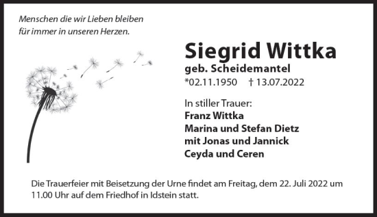Traueranzeige von Siegrid Wittka von vrm-trauer Idsteiner Zeitung