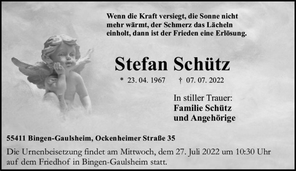  Traueranzeige für Stefan Schütz vom 25.07.2022 aus vrm-trauer Allgemeine  Zeitung Ingelheim-Bingen