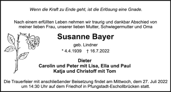 Traueranzeige von Susanne Bayer von vrm-trauer Darmstädter Echo