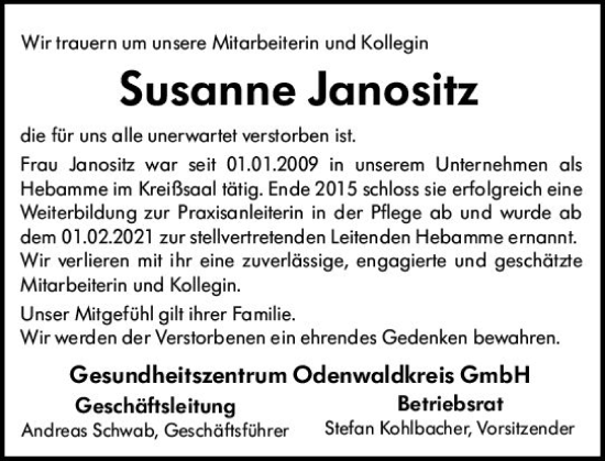 Traueranzeige von Susanne Janositz von vrm-trauer Odenwälder Echo