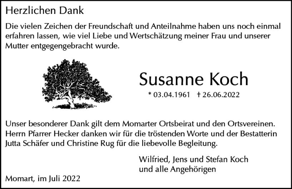  Traueranzeige für Susanne Koch vom 23.07.2022 aus vrm-trauer Odenwälder Echo