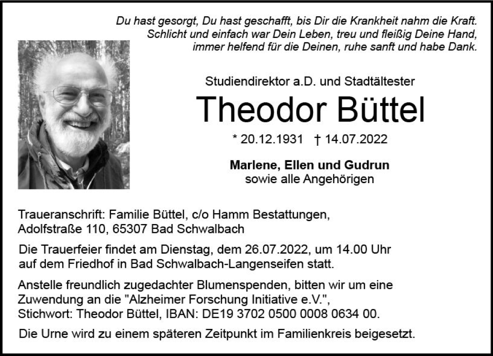  Traueranzeige für Theodor Büffel vom 23.07.2022 aus vrm-trauer WK-UTA