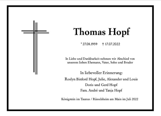 Traueranzeige von Thomas Hopf von vrm-trauer Rüsselsheimer Echo / MainSpitze