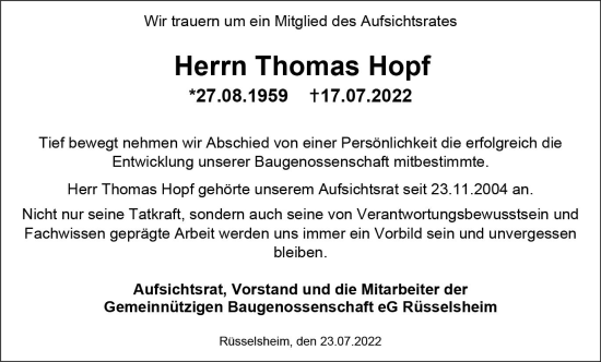 Traueranzeige von Thomas Hopf von vrm-trauer Rüsselsheimer Echo / MainSpitze