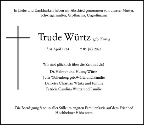 Traueranzeige von Trude Würtz von vrm-trauer Wormser Zeitung