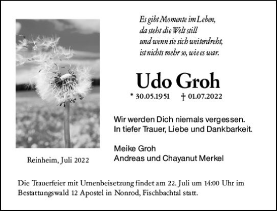 Traueranzeige von Udo Groh von vrm-trauer Darmstädter Echo