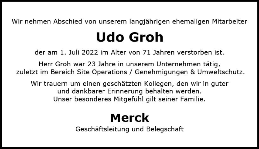  Traueranzeige für Udo Groh vom 16.07.2022 aus vrm-trauer Darmstädter Echo