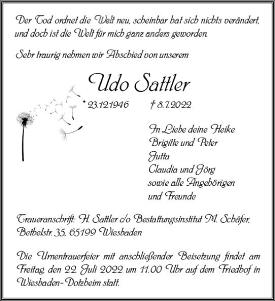 Traueranzeige von Udo Sattler von vrm-trauer Wiesbadener Kurier