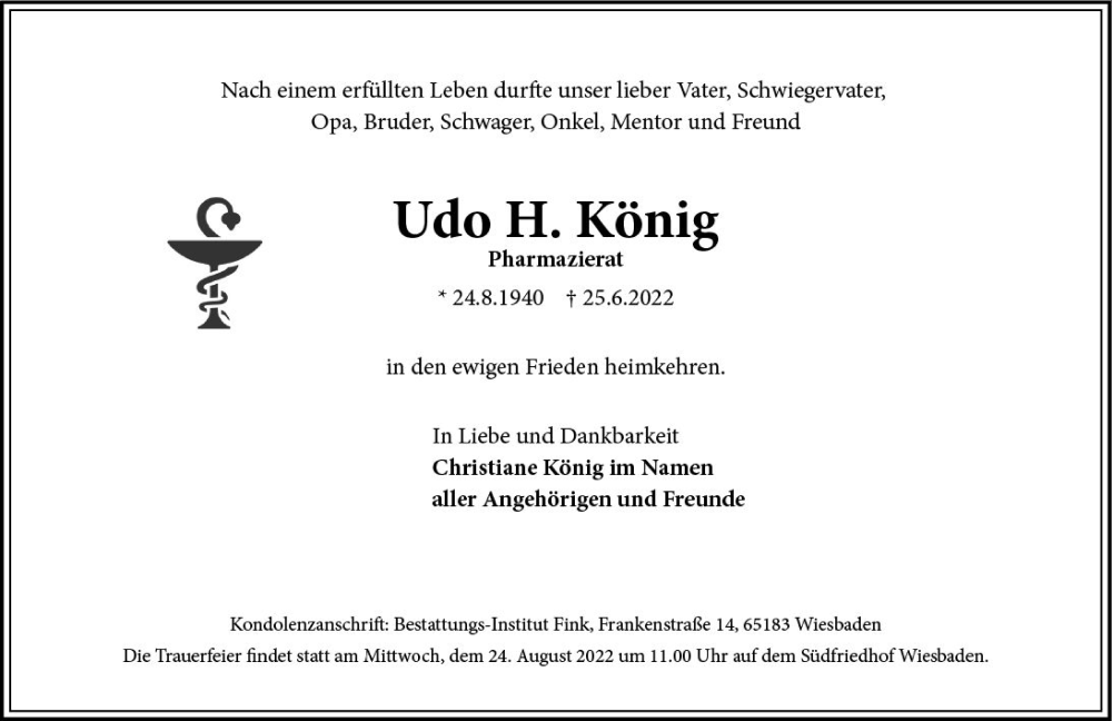  Traueranzeige für Udo H. König vom 02.07.2022 aus vrm-trauer Wiesbadener Kurier