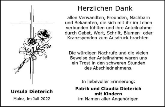 Traueranzeige von Ursula Dieterich von vrm-trauer AZ Mainz