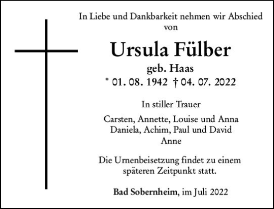 Traueranzeige von Ursula Fülber von vrm-trauer Allg. Zeitung Bad Kreuznach