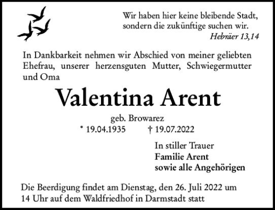 Traueranzeige von Valentina Arent von vrm-trauer Darmstädter Echo