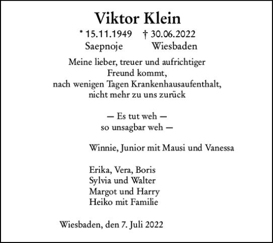 Traueranzeige von Viktor Klein von vrm-trauer Wiesbadener Kurier