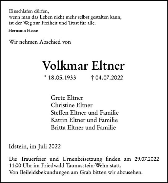 Traueranzeige von Volkmar Eltner von vrm-trauer Idsteiner Zeitung