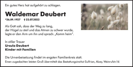 Traueranzeige von Waldemar Deubert von vrm-trauer Allgemeine Zeitung Alzey