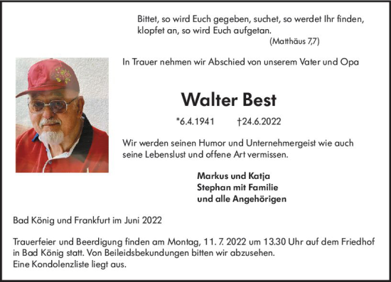 Traueranzeige von Walter Best von vrm-trauer Odenwälder Echo