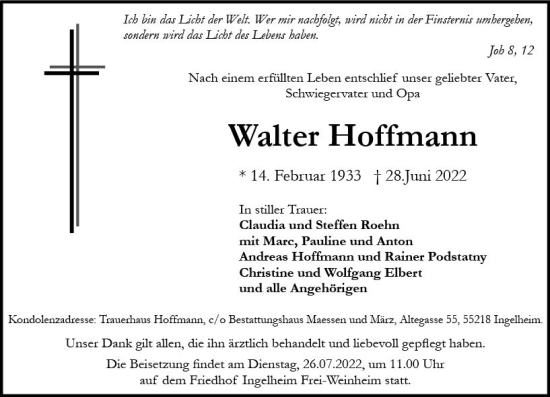 Traueranzeige von Walter Hoffmann von vrm-trauer Allgemeine  Zeitung Ingelheim-Bingen