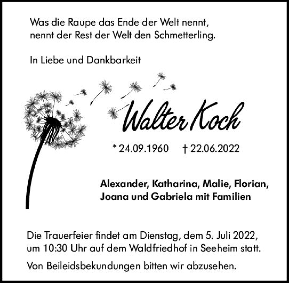 Traueranzeige für Walter Koch vom 02.07.2022 aus vrm-trauer Darmstädter Echo