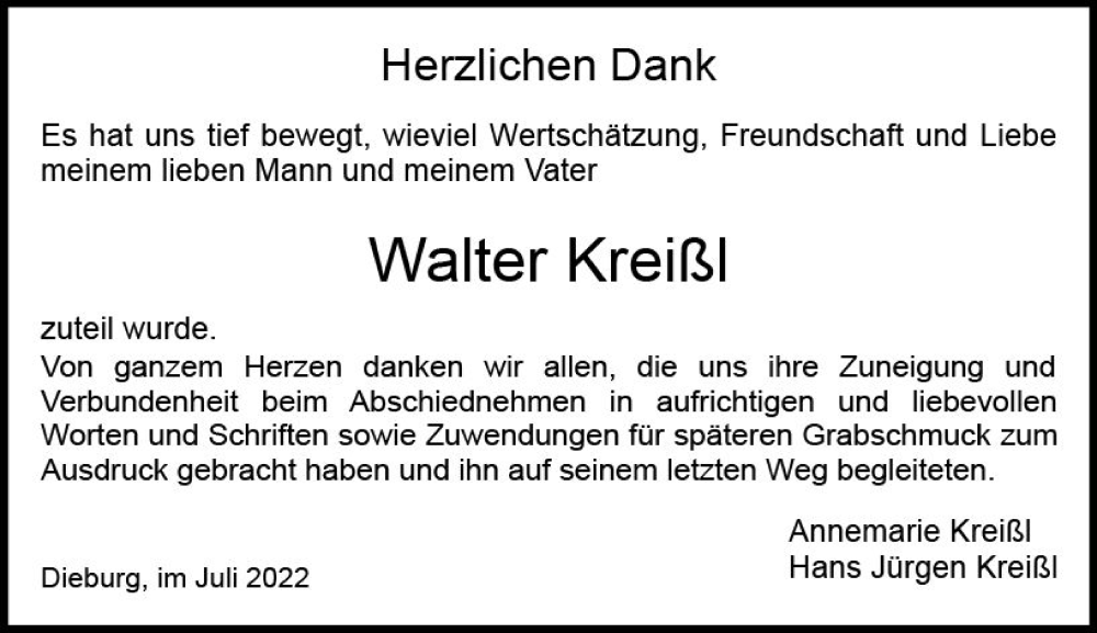  Traueranzeige für Walter Kreißl vom 30.07.2022 aus vrm-trauer DieburgerAnzeiger/Groß-Zimmerner Lokala